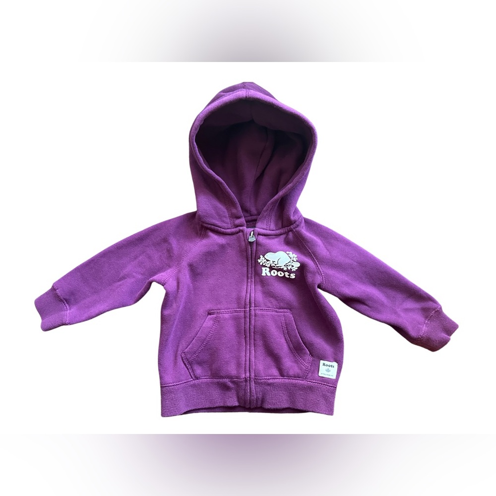 Roots Baby dark purple logo fleece full zip hoodie Size 6-12 Months